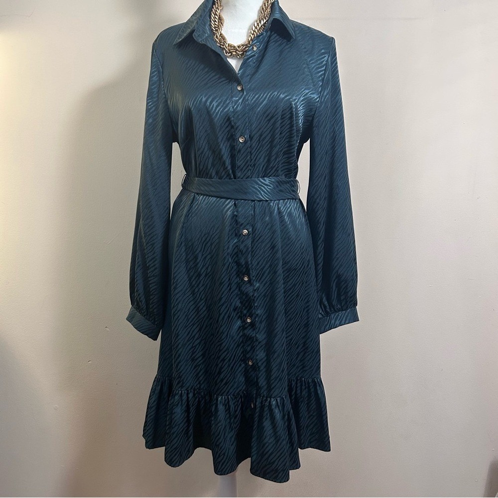 VINTAGE Teal Long Sleeve Collared Button-Up Midi Shirt Dres Teal Button-Up Dress